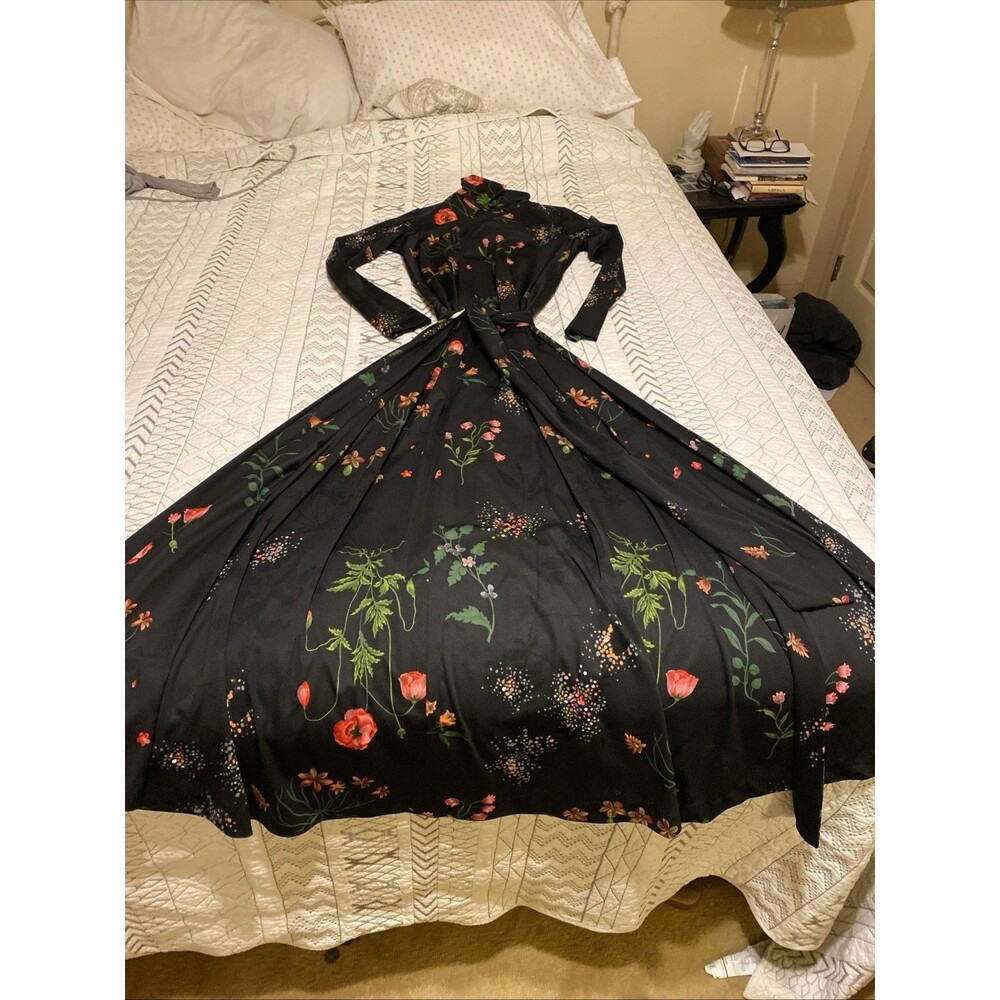 Vintage 1970’s Miss Elliette California Dress Sz10 Maxi Black Floral Hippy zip